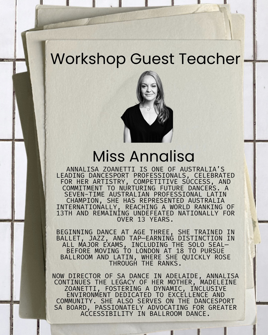 Meet our Friday Guest Workshop teacher, Miss Annalisa Zoanetti. She is teaching a jive / ballroom workshop for Primary and Junior students this Friday from 5:45-6:30pm.