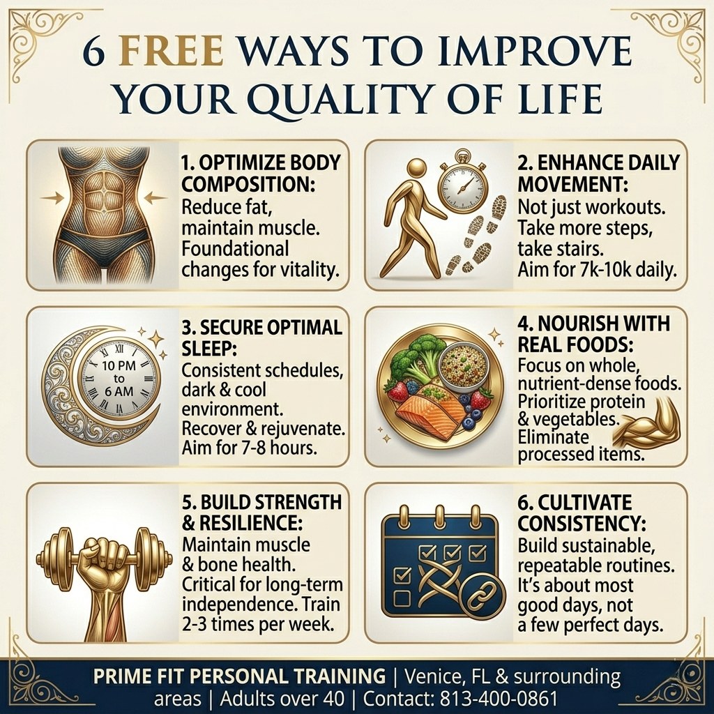 6 FREE ways to improve your life
You don’t need expensive programs.
You need consistency with the basics.
Lose body fat, not just weight
Move more daily (7k to 10k steps)
Sleep 7 to 8 hours consistently
Eat better quality food + protein
Strength train 2 to 3x per week
Stay consistent
Simple rule:
Move daily. Lift regularly. Eat real food. Sleep well. Repeat.
No perfection needed. Just consistency.
📍 Venice FL Personal Training
DM me if you want help getting started
#veniceflorida #sarasotafitness #personaltraining #over40fitness #strengthtraining #fatloss #fitover40 #venicefl #wellenpark #lakewoodranch #healthylifestyle #primefit
