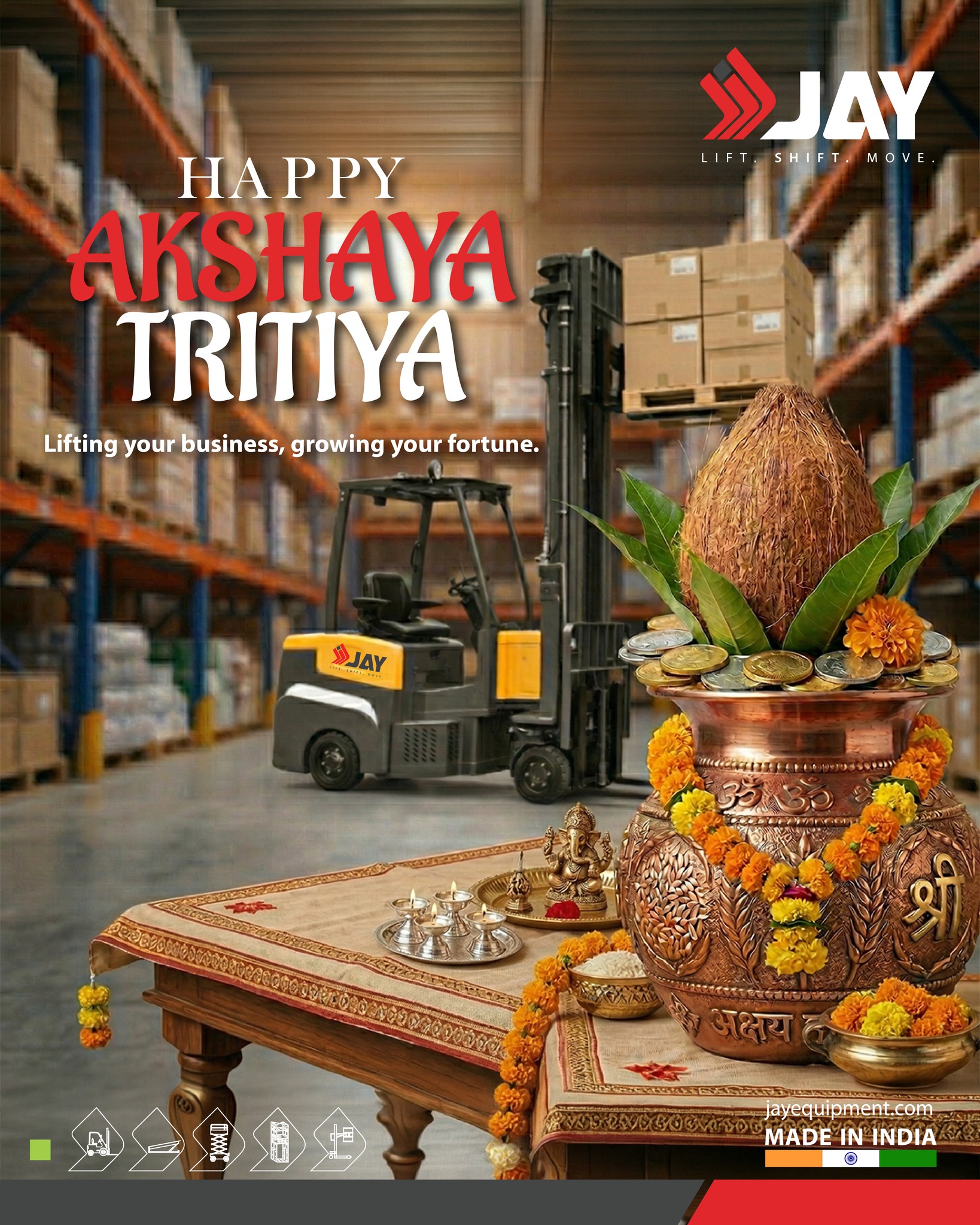 Prosperity isn’t just a wish — it’s what you build. ✨
.
This Akshaya Tritiya, elevate your growth with strength, precision, and reliability.
From every lift to every move, we power your progress.
.
Here’s to new beginnings, bigger goals & unstoppable success.
.
📞 Let’s lift your business to the next level.
.
#AkshayaTritiya #BusinessGrowth #IndustrialSolutions #MakeInIndia