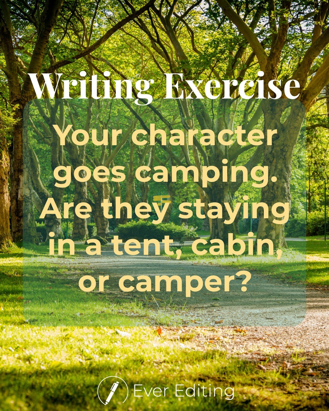 Give this writing exercise a go today. Comment what kind of camper your character is! Are they the rough-it type or more of a glamper?
#Camping #BookCharacter #WritingExercise #WritersOfInstagram