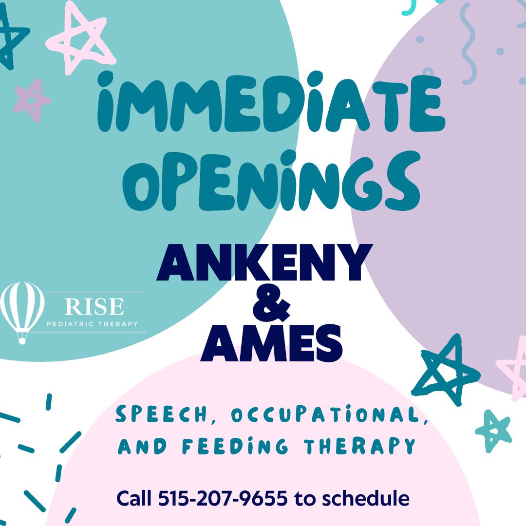 Openings available 🤍
If you’ve been sitting on a waitlist for speech, occupational, or feeding therapy… this is your sign.
We currently have immediate openings in Ankeny + Ames and would love to support your child.
✨ Speech therapy
✨ Feeding therapy
✨ Occupational therapy (not available in Ames... yet)
✨ Neurodiversity-affirming, child-led care
Don’t wait months to get started - reach out and let’s get your kiddo the support they deserve 🫶
#RisePediatricTherapy #AnkenyIowa #AmesIowa #NoWaitlist #PediatricTherapy #SpeechTherapy #OccupationalTherapy #FeedingTherapy
