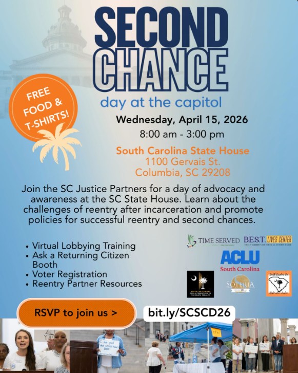 Join SCADP and the SC Justice Partners Coalition as we got to the SC State House to discuss legislation impacting returning citizens and their families! Here's a tentative schedule of what you can expect on Second Chance Day:
ā” 9:30am-10:45am: Arrival | Registration | Receive "Welcome Packets" | Orientation to the Day on the Front Lawn of the SC State House (North Side, facing Gervais Street)
ā” 11am: Press Conference in the 1st Floor Lobby of the State House
ā” 12pm: Free lunch on the Front Lawn of the SC State House (North Side, facing Gervais Street)
ā” 12pm-3pm: Connecting with Legislators on the 2nd Floor Lobby of the SC State House
ā” 3pm: Adjourn | Travel home
PLUS:
šš¾āš»āAn "Ask A Returning Citizen" Booth
š³ A Voter Registration Booth (especially for returning citizens who need to restore their right to vote!)
šInformation about Re-Entry Partners
šFREE T-SHIRTS!
Register at: https://www.scadp.org/event-details/second-chance-day-at-the-sc-statehouse