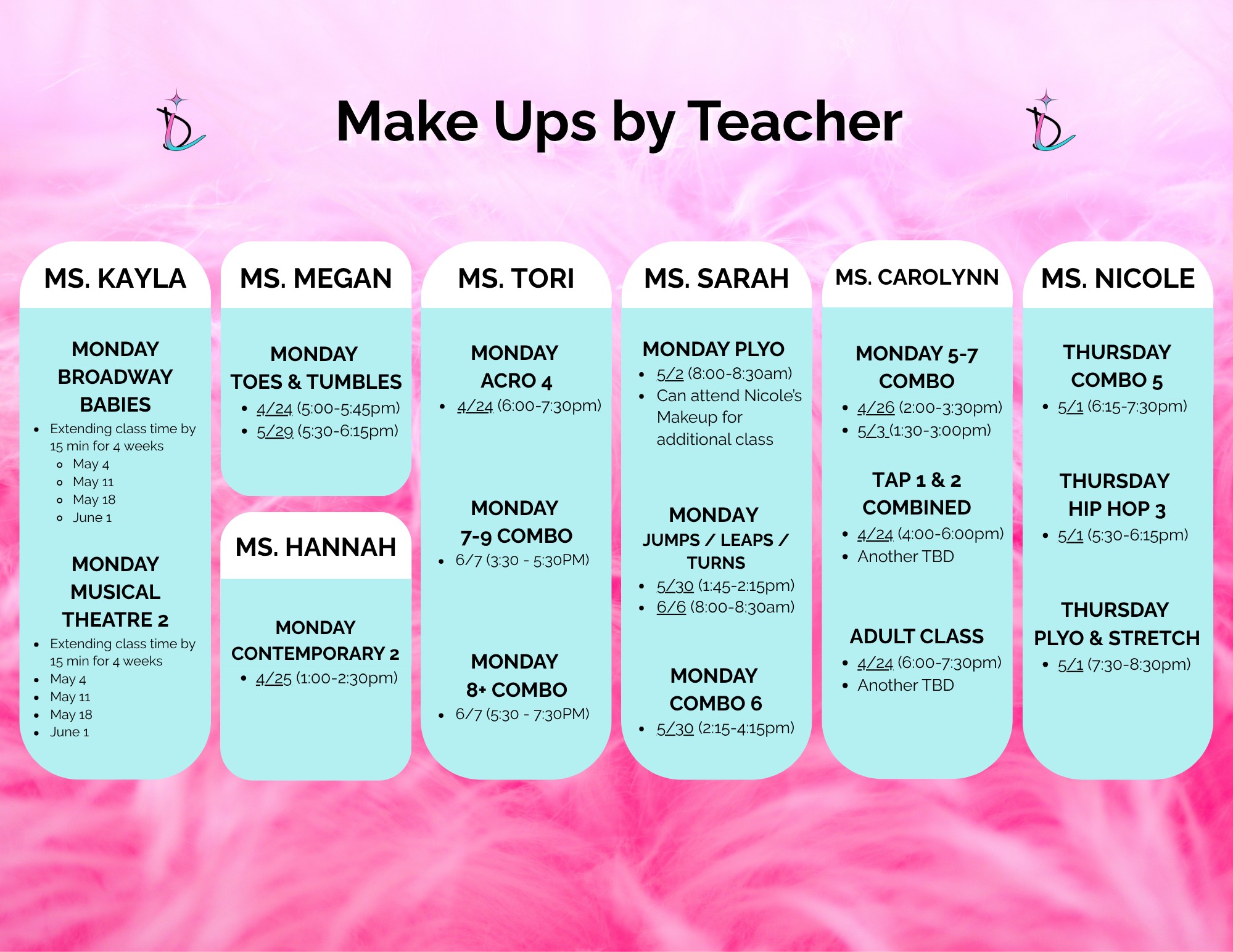 If your dancer is in a class listed below, they have a make up scheduled!
We've created a live document with all currently scheduled make up classes. Should anything change or be added, we will update this live document:
https://www.illuminationdance.com/single-post/make-up-classes