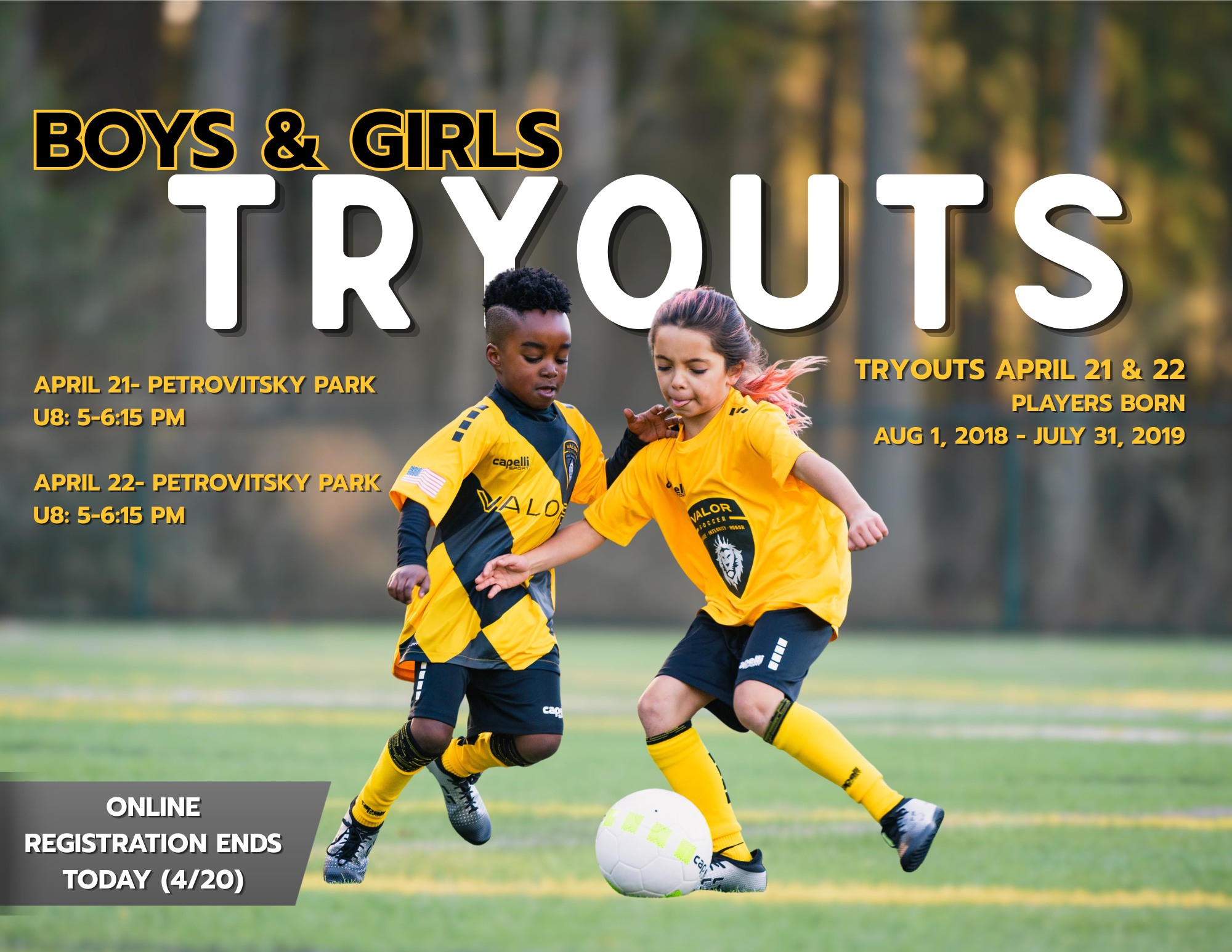 U8 Tryouts start TOMORROW!
Online registration closes tonight at 11:59pm. Walk-up registration will be accepted at tryouts for an additional fee. #SpringTryouts #WeAreValor #ValorPride
To register, click the link in our bio.