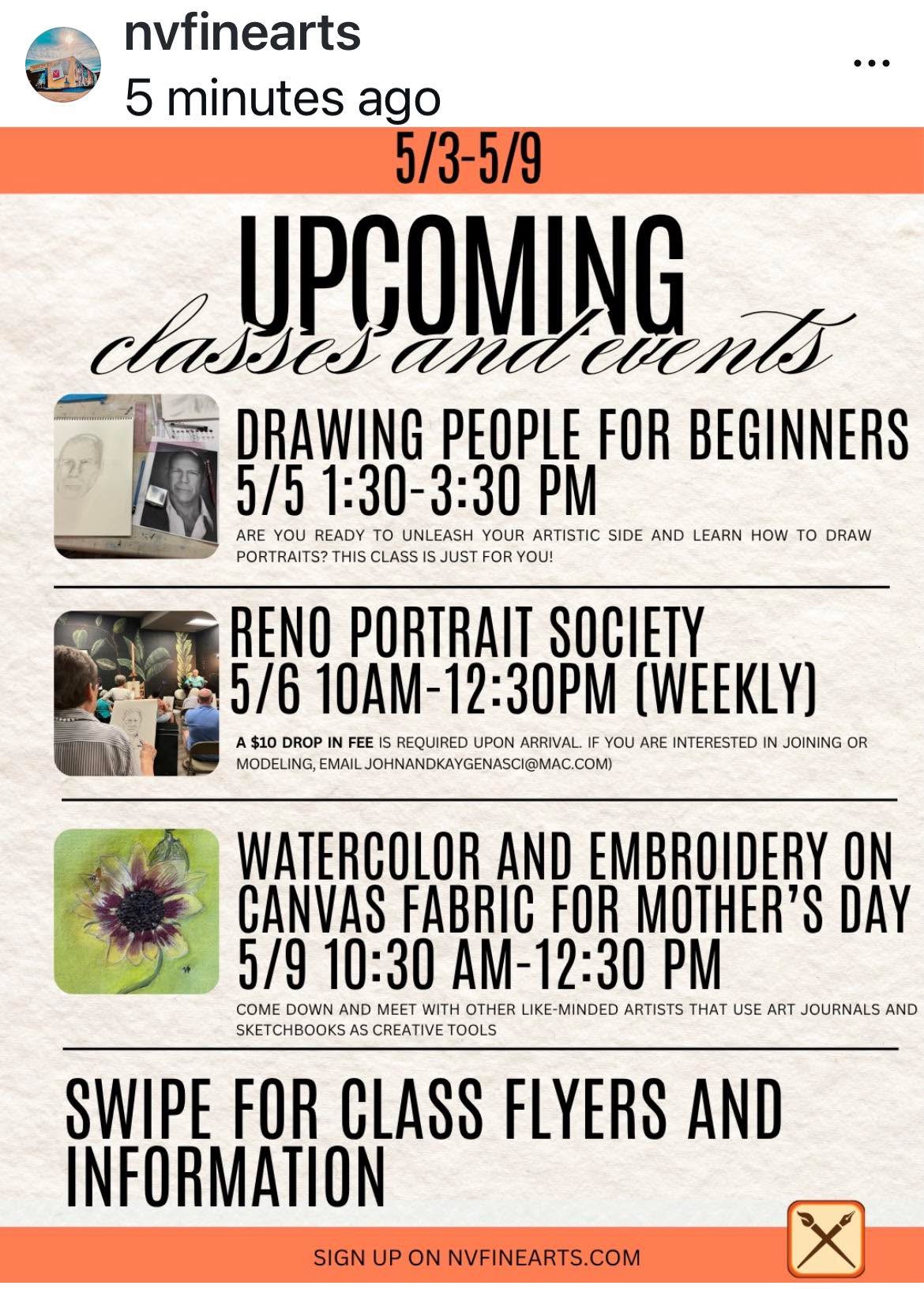 Upcoming classes for May at Nevada Fine Arts in Reno, NV, will be taught by me. You can sign up for these classes at www.nvfinearts.com.
Learn to draw people portraits and learn about watercolor/embroidery on duck canvas fabric