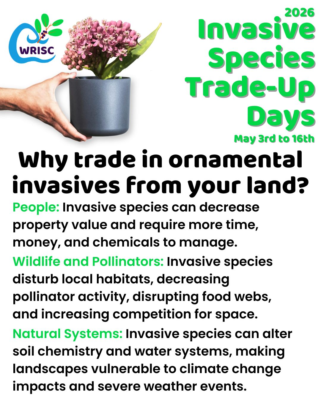 With Trade-Up Days just around the corner (May 3rd-16th), you might be wondering why go through the hassle of removing that ornamental invasive shrub from your land?
It's true, some invasives are beautiful, but the harm they cause outweighs the beauty they might supply.
Check out these reasons to remove invasives from your land!
#invasivespecies #nativegarden #nativelandscape #propertyvalue #protectpollinators #nativespecies