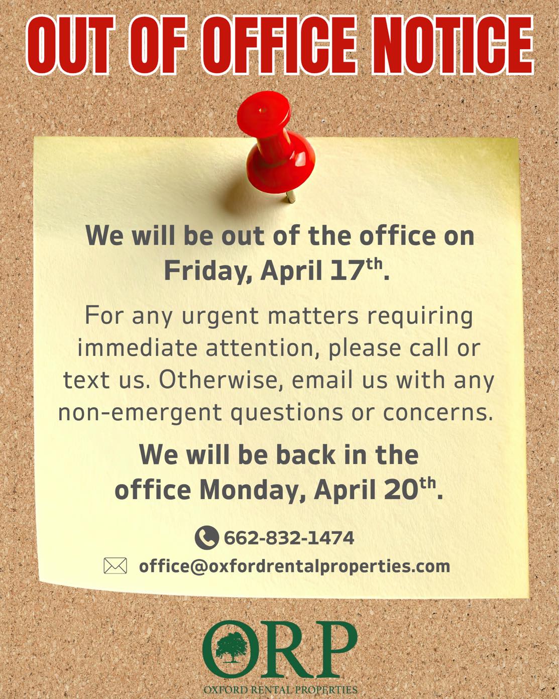 Just a heads up that our team will be out of the office tomorrow, April 17th.
For issues that need immediate attention, please call or text us. For any non-emergent concerns, please email us and we will respond as soon as possible.
We will be back in the office on Monday, April 20th. We appreciate your patience and apologize for any inconvenience.
📞662-832-1474
✉️office@oxfordrentalproperties.com
#OxfordRentalProperties #OxfordMS #OleMiss