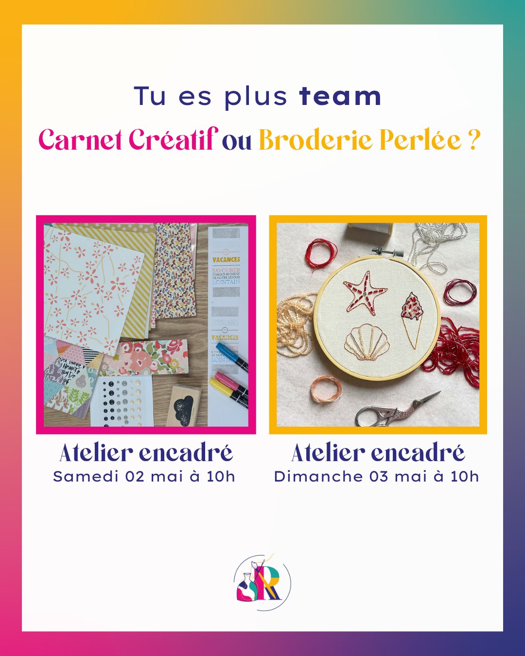 Carnet créatif 📓 ou broderie perlée ✨ ?
Et si tu commençais le mois de mai avec un atelier créatif ?
👉 Samedi 2 mai à 10h : carnet créatif
👉 Dimanche 3 mai à 10h : broderie perlée
⏱️ 2h d’atelier
💸 39€
Deux ambiances, deux façons de créer, mais toujours le même objectif : prendre un moment pour soi et repartir avec une création unique.
Les places sont limitées, pense à réserver ✨
#ateliercreatif #broderie #carnetcreatif #faitmain #momentpoursoi #creativite #lesrecreatives
