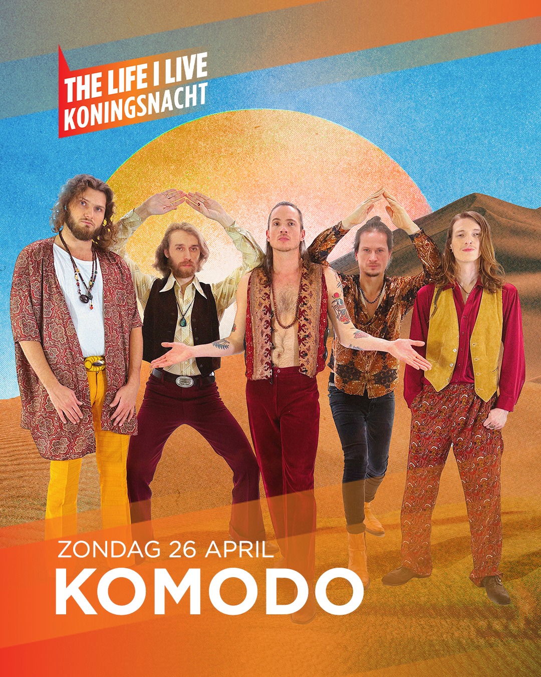 NET BEVESTIGD! Komodo! 26 April op THE LIFE I LIVE Koningsnacht! Gratis!
Komodo is hun eigen genre: exotische indie rock-'n-roll. Een dansbaar brouwseltje, vol met met geluiden, ritmes en magische spreuken van over de hele wereld. Psychedelische sixties-rock gemengt met woestijnblues, surfrock, afrodisco en Indiase raga. Komodo is de soundtrack voor roadtrips op smeulende snelwegen of illegale buurtfeesten in de schemerige steegjes van een verre stad.
Met Komodo als toevoeging is de line-up rond en is het aftellen tot 26 april echt begonnen!
#koningsnacht2026 #TLIL #Denhaag #TLIL26 #popstaddenhaag