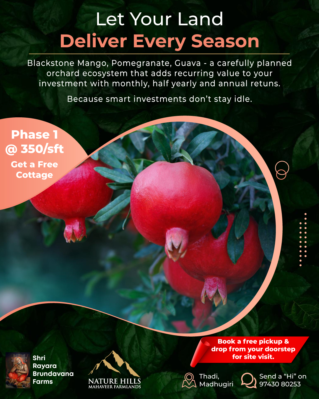 🍎 Let Your Land Deliver Every Season
Blackstone Mango, Pomegranate, Guava — a carefully planned orchard ecosystem that adds recurring value to your investment.
Because smart investments don’t stay idle.
📲 Send a Hi on 97430 80253
#NatureHillsMahaveerFarmlands #FruitYield #BlackstoneMango #PomegranateFarming #GuavaPlantation #FarmIncome #ManagedFarmlands #AgroInvestment #GreenWealth #RecurringReturns #LandInvestmentIndia #PremiumFarmlands #BangaloreInvestments #SmartInvestment #LandOwnership #FarmLifeIndia #EcoWealth #SustainableLiving #FutureInvestment #InvestInLand #FreeCottage #Phase1Open #NatureInspired #GrowthModel #CapitalAppreciation #OrchardLiving #LegacyPlanning #FarmLifestyle #GreenAssets #NatureBasedInvestment