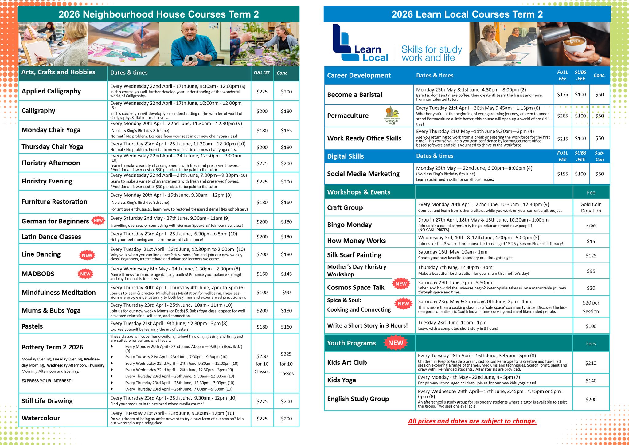 TERM 2 ENROLMENTS ARE OPEN! 🥳
Join us for our Term 2 classes!
With our usual variety of classes and some exciting new additions, there is something for everyone this term - including you! Even though our classes have started, it's not too late to join, reduced prices available for late enrolments - call us to find out more!
New additions this term include:
🌼 Health and Wellness Classes
Line Dancing (Tuesdays), Chair Yoga (Mondays & Thursdays), MADBOD's (Wednesdays), Latin Dance Classes (Thursdays), Mindfulness Meditation (Thursdays) and Mums and Bubs Yoga (Thursdays).
FREE COME AND TRY OFFER AVAILABLE!
If you're new to one of the above classes, you can join your first class for free to try it out - bookings still required.
🤸♂️ After School Youth Programs
Monday Kids Yoga Prep - Grade 6), Tuesday Kids Art Club (Prep - Grade 6), and Wednesday English Homework Club - 2 sessions available (Secondary School Students).
🗣 German for Beginners!
🌼 Workshops
How Money Works (15-25 years), Silk Scarf Painting, Spice & Soul: Cooking & Connecting, Mothers Day Floristry Workshop and more!
Enrol online at our website (www.mrfec.net.au), in-person at 12 Hamilton Street Gisborne or over the phone by calling 03 5428 3799. We look forward to seeing you soon!