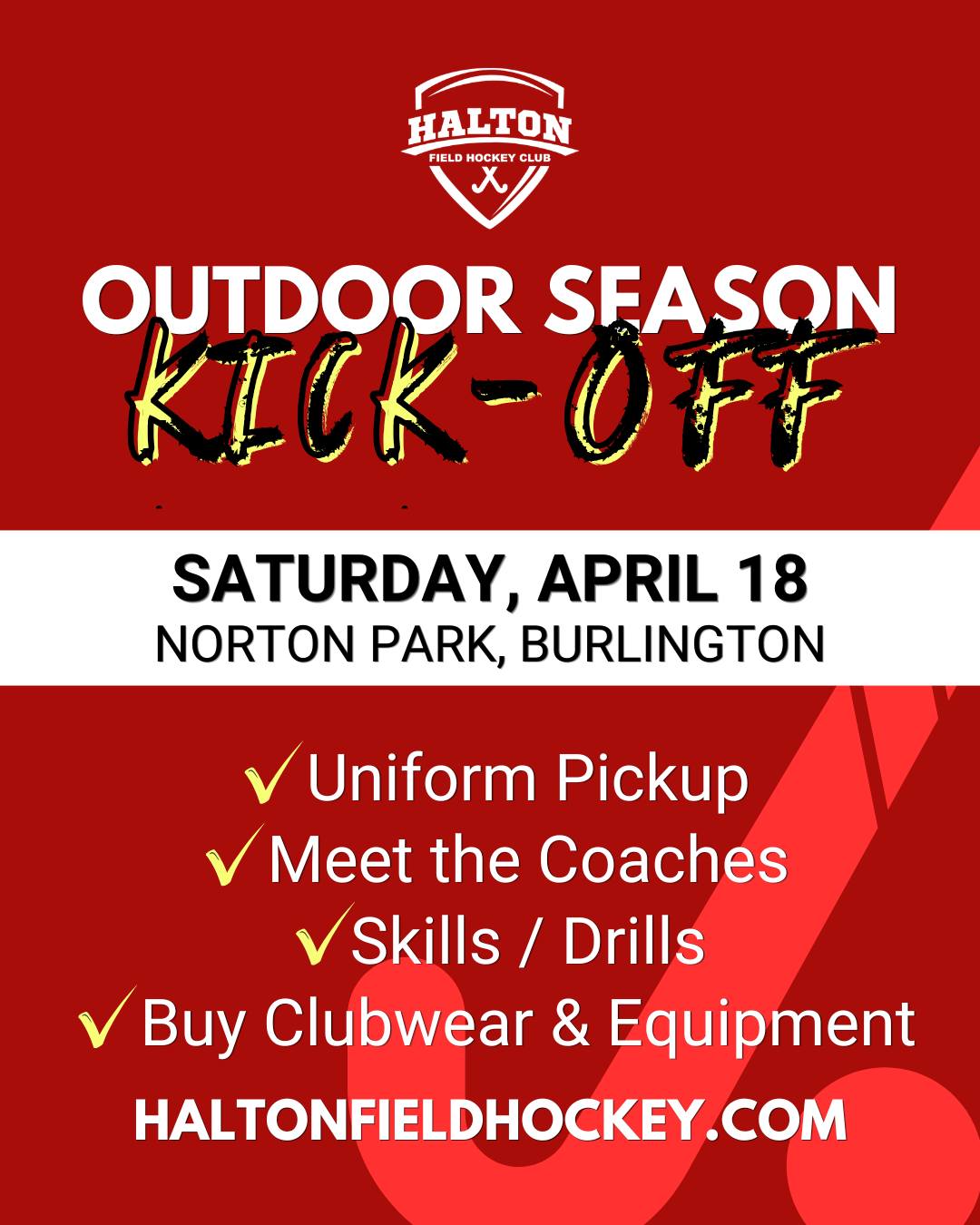 📣We're kicking off our outdoor season tomorrow 📣
✔ JERSEY PICKUP
✔ MEET THE COACHES
✔ SKILLS & DRILLS
✔ SHOP CLUB MERCH
🏑 @akprocanada will be onsite for your equipment needs
📍NORTON PARK 3035 Tim Dobbie Dr, Burlington
🕛 10:00 am - 12:30 pm
