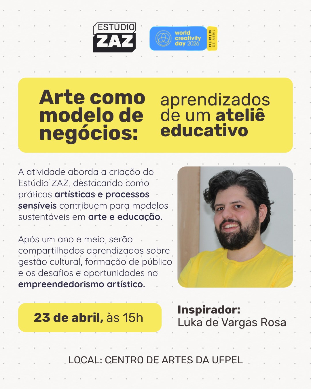 Quem ai é presença confirmada? Lembrando que é totalmente gratuito, tu só precisa fazer tua inscrição no link da bio 🎨
#worldcreativityday #pelotas #arte #atelie #artista