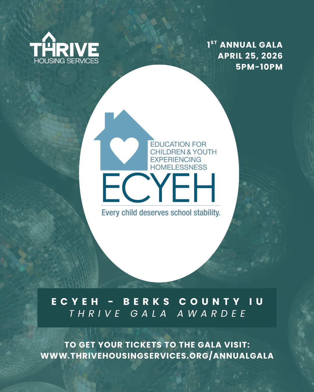 We’re excited to honor the impactful work of ECYEH @berksiu14 at our 2026 First Annual Gala: A Night to Thrive!
Don’t miss the gala on April 25,2026 at 5PM!
Secure your tickets now as we build a future without youth homelessness: www.thrivehousingservices.org/annualgala
#HousingEquity #SupportLocal #BusinessPartnerships #ThriveTogether #AnnualGala