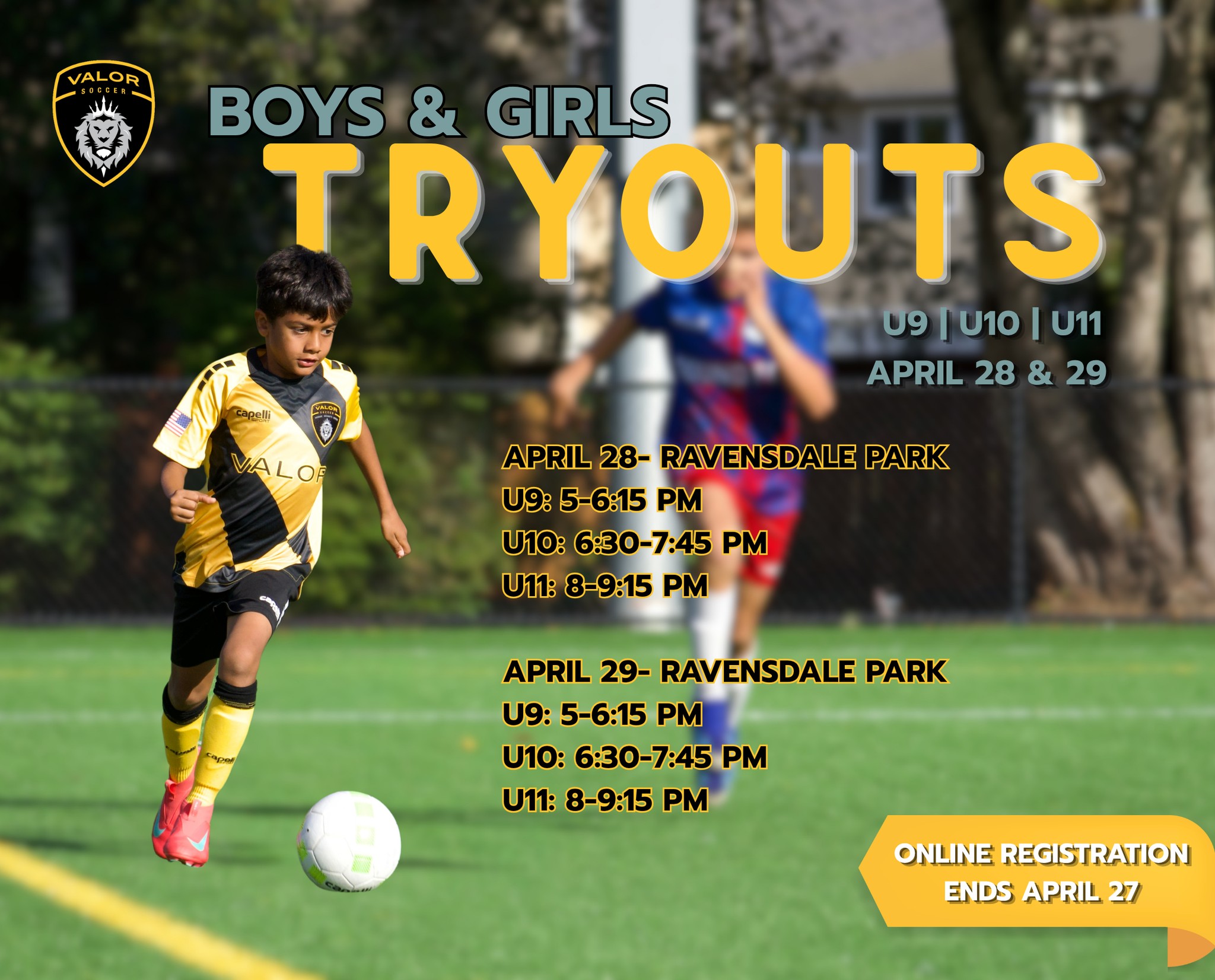 Let's keep the momentum going, U9 | U10 | U11 Tryouts are up next!
Tryouts will be held April 28 & 29 at Ravensdale Park. Online registration closes Monday, April 27, and walk-up registration will be available day of for an additional fee. #SpringTryouts #WeAreValor #ValorPride
To register your player, click the link in our bio.