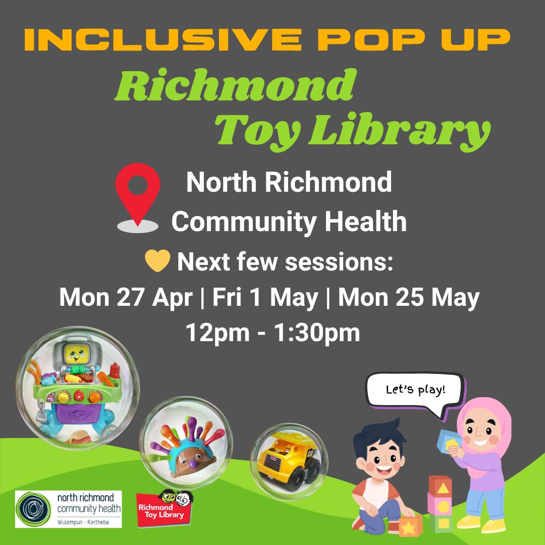 💛 Inclusive Pop-Up Toy Library – Richmond 💛
We’re bringing the Richmond Toy Library to North Richmond Community Health! 🧸
📍 North Richmond Community Health
🗓 Mon 27 Apr | Fri 1 May | Mon 25 May
🕛 12pm – 1:30pm
Drop in to browse and borrow toys from our collection — a great way to access quality toys without the cost or clutter at home.
💛 Inclusive and welcoming for all families, including children with additional needs.
No bookings required — just come along!
#RichmondToyLibrary #ToyLibrary #BorrowDontBuy #MelbourneFamilies #CommunitySupport
