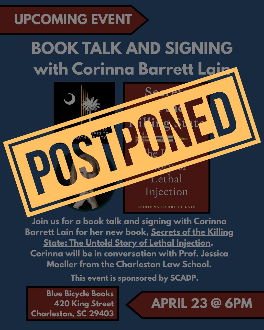 UPDATE: Our event with Professor Corinna Barrett Lain in Charleston on April 24, 2026 is postponed. Stay tuned for a future scheduled talk at Blue Bicycle in the Fall!