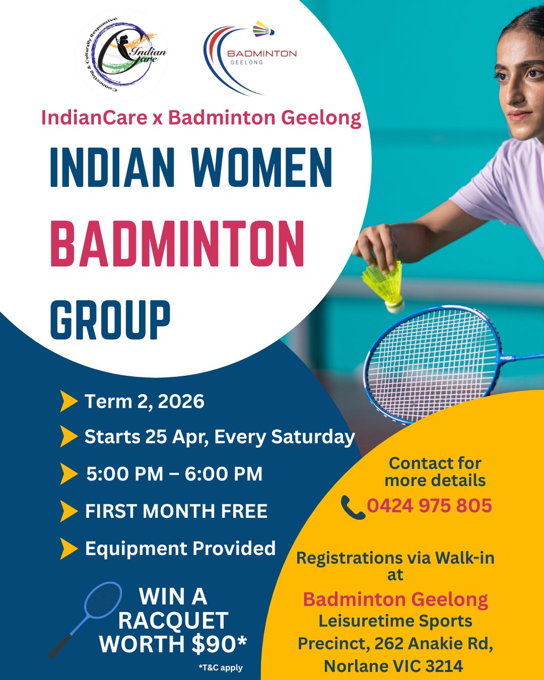 Looking to stay active, make new friends, and have some fun? Join us for the Indian Women’s Badminton Group, an exciting initiative by IndianCare!
📅 Starting: 25 April
🗓 When: Every Saturday
⏰ Time: 5:00 PM – 6:00 PM
📍 Where: Badminton Geelong
Whether you're a beginner or a pro, this is your space to play, connect, and unwind in a friendly and supportive environment.
Bring your energy, your smile, and your love for badminton!
👉 Open to all Indian women in Geelong
#IndianWomenGeelong #BadmintonFun #IndianCare #WomenWhoPlay #CommunityVibes #GeelongEvents #StayActive