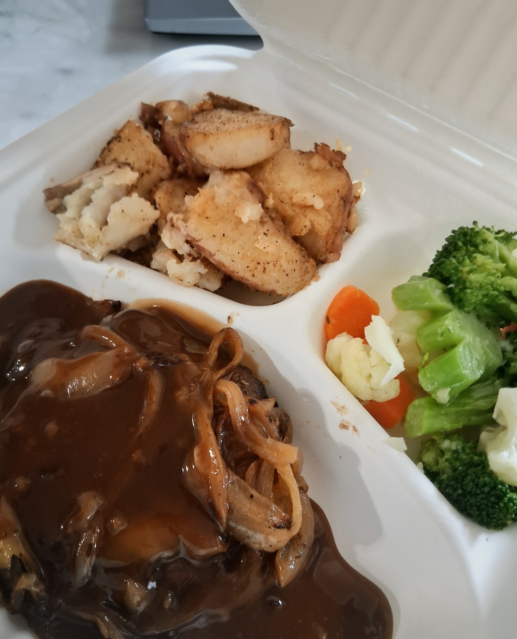 Salisbury Steak, Smashed Potatoes and Vegetable Medley.
With us - you know it's good.