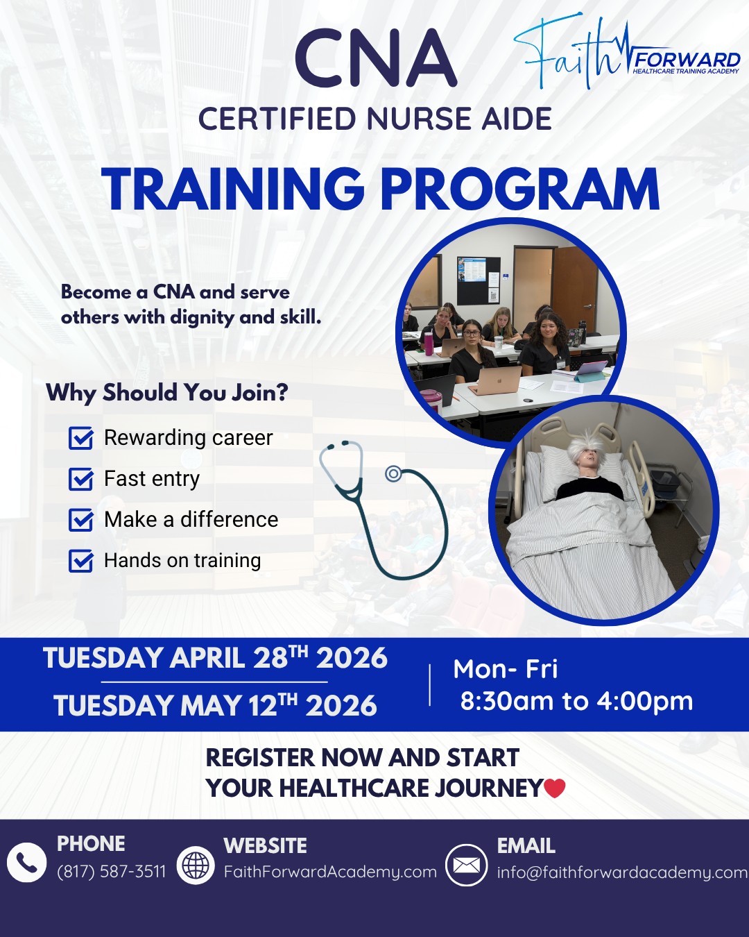 🚨🩺 WEEKDAY CNA CLASSES — STARTING SOON! 🩺🚨
Ready to start your healthcare career? Our Weekday CNA sessions are just around the corner! 💙
📅 Upcoming Start Dates:
✨ April 28th
✨ May 12th
This is your chance to get hands-on training, real clinical experience, and the confidence you need to pass your state exam and step into the healthcare field 💪✨
✔ Supportive instructors
✔ Fast-track certification path
✔ Skills you’ll actually use in the real world
If you’ve been waiting for the right time — this is it 👀
📞 Call (817) 587-3511
🌐 faithforwardacademy.com
📩 DM us to enroll or ask questions!
Your scrubs era starts here 🩺✨
#CNAProgram #CNAClasses #HealthcareCareer #FutureCNA #ScrubsSeason #HealthcareTraining #AlliedHealth #CareerGoals #JobReady #DFWHealthcare #ArlingtonTX #SeguinTX #DallasTX #EnrollNow #FaithForwardAcademy