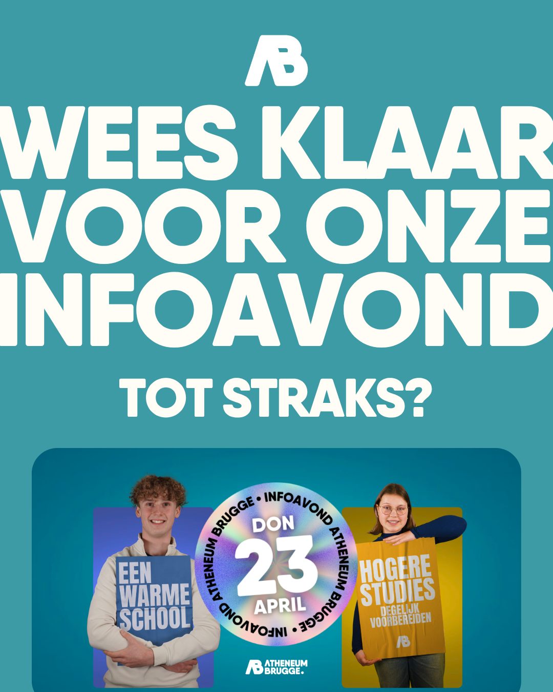 Wij hebben alvast veel zin in onze infoavond, jij hopelijk ook! We verwachten vanavond heel wat toekomstige Atheneeërs en tonen hen onze school. Nog wat kleine praktische vragen? Die beantwoorden we graag meteen!
—
Ontdek alle mogelijkheden op atheneumbrugge.be en schrijf je meteen in voor onze infoavond op donderdag 23 april!
—
#ikbeneenatheneeër #fieroponsgo #atheneumbrugge #impact