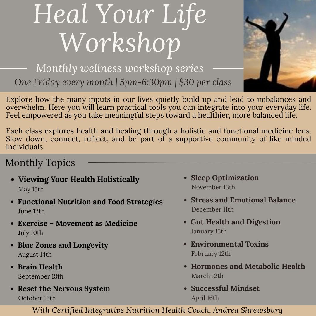 ✨Heal Your Life Workshop Series✨
With Certified Integrative Nutrition Health Coach, Andrea Shrewsburg
Save the dates for this monthly wellness workshop series designed to uncover what’s really holding you back from feeling your best. Month by month, explore how the many inputs in our lives quietly build up and lead to imbalances and overwhelm. Each session explores different topics in health and healing through a holistic and functional medicine lens, offering awareness and practical tools you can integrate into your everyday life.
✨View Your Health Holistically✨
May 15th at 5pm-6:30pm | $30
The first monthly gathering in the workshop. Your health journey starts with awareness. Discuss what area or areas in your life you are motivated to work on. Whether you are trying to lose weight, prevent or manage a chronic illness, or want to continue building your health, it’s important to establish a starting point. Get clear on your goals and in the right mindset for success.
Book Online: https://www.lotuswholistictherapy.com/book-online?category=f78a6189-7b03-416a-b370-ed66b561c5e1
#Lotuswholistictherapy #awakendiscoverthrive #TrentonMI #massage #reiki #yoga #wellness #reiki #downrivermimassage #downrivermi #healing #workshop #events #health #healyourlife