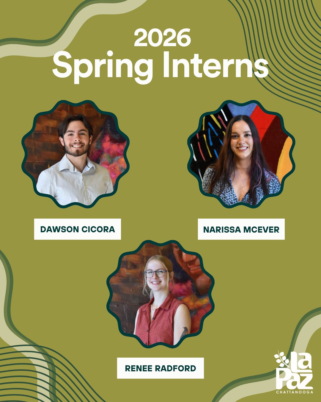 Para cerrar la Semana Nacional del Voluntariado, les presentamos a nuestros pasantes de la primavera de 2026.🌟
Este semestre hemos dado la bienvenida a Dawson, Narissa y Renee, quiénes han estado involucrados en ayudar y mejorar nuestros recursos. Ya sea ampliando nuestro huerto comunitario o investigando sobre comidas nutritivas adaptadas para familias latinas, este equipo ha movido montañas para garantizar que los miembros de nuestra comunidad tengan una buena alimentación.🥰
¡Muchísimas gracias por todo su trabajo! ¡Sus esfuerzos no pasan desapercibidos! Si quieres saber más sobre Dawson, Narissa y Renee, puedes leer el blog completo en el enlace -> https://www.lapazchattanooga.org/post/meet-our-2026-spring-interns-dawson-narissa-and-renee 🔗