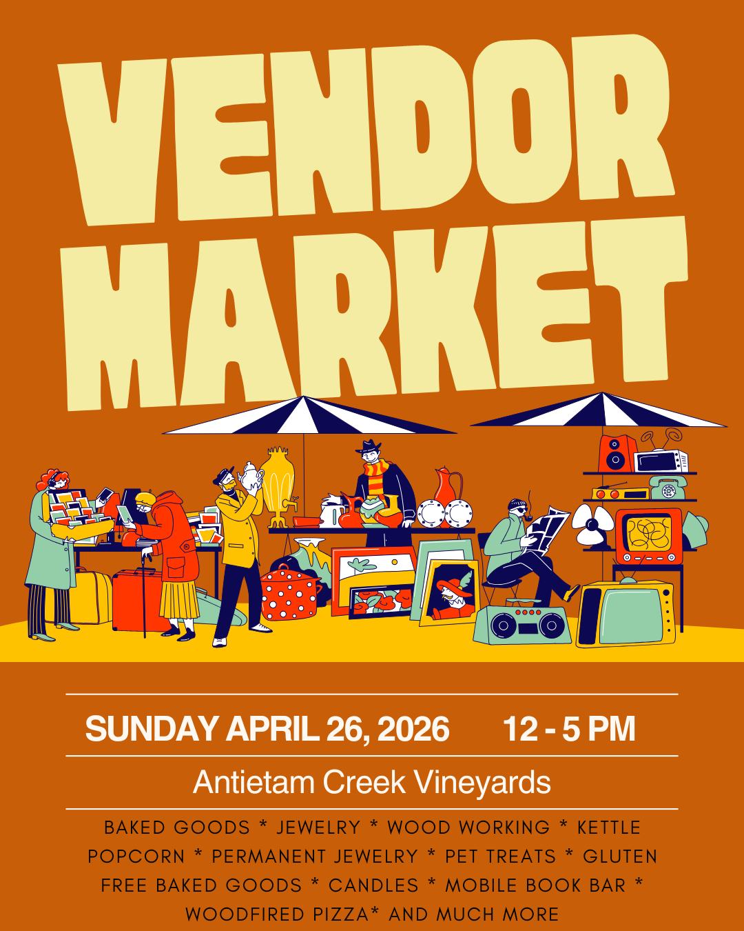 Come kick off market season with us!
Our first Vendor Event of the Season is this Sunday April 26th!!!
Come sip and shop with us and local vendors. After shopping grab a pizza 🍕 from Fireside Pizza & Catering and enjoy music from Prophets of the Abstract Truth from 2-5pm.
#vendormarket #wineoclock #winelovers #wineryfun #antietamnationalbattlefield #antietamcreek #FoodTruckFun #LiveMusicLovers #livemusicrocks #LiveMusicVibes #winerylife #winery🍷 #winery #sundayfunday #sundayvibes