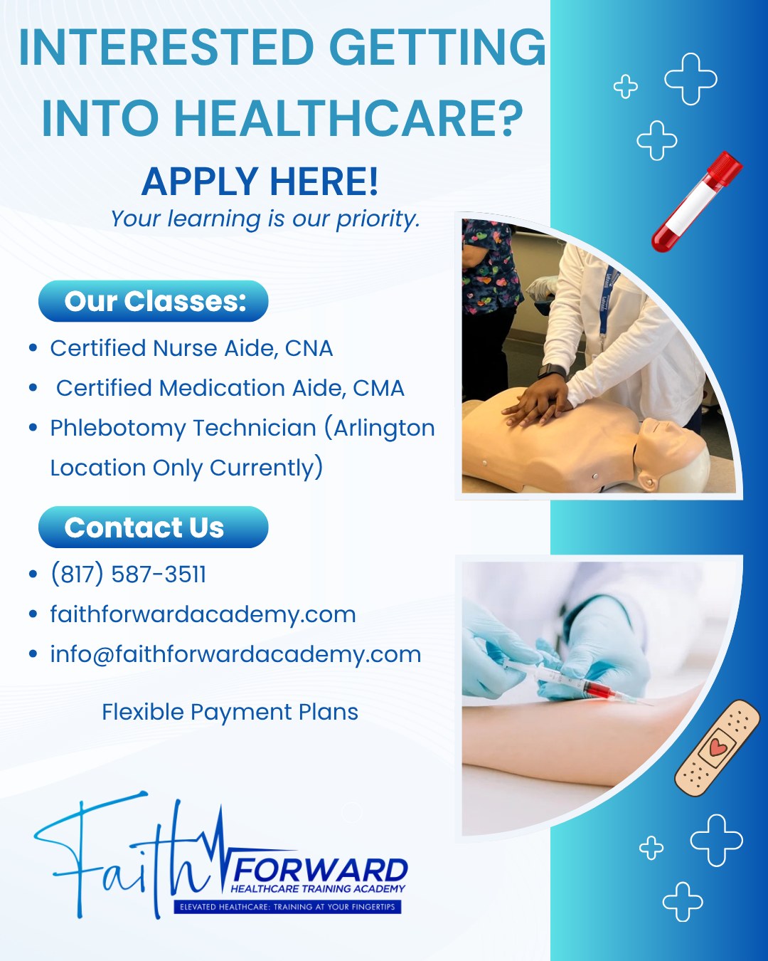 Interested in Getting Into Healthcare? We’ve Got You Covered!
If you’ve been thinking about starting a career in healthcare, this is your sign to take the first step 💙
At Faith Forward Healthcare Training Academy, we offer career-focused, hands-on programs designed to get you trained, certified, and job-ready:
💉 Phlebotomy Technician
🩺 Certified Nursing Assistant (CNA)
💊 Medication Aide (CMA) – Hybrid Program
❤️ BLS CPR Certification Classes
Whether you want to start fast or level up your current career, we have a program for YOU 👀
💥 Flexible schedules
💥 Hands-on training
💥 Experienced instructors
💥 Real healthcare skills
📞 Call us: (817) 587-3511
🌐 Enroll online: faithforwardacademy.com
📩 DM us anytime — we’re happy to answer questions and help you enroll step-by-step!
Your future in healthcare starts here 💙✨
#HealthcareCareer #StartYourCareer #CNAProgram #PhlebotomyTraining #MedicationAide #BLSCPR #HealthcareTraining #ScrubsSeason #AlliedHealth #CareerGoals #DFWHealthcare #TexasHealthcare #EnrollNow #FaithForwardAcademy