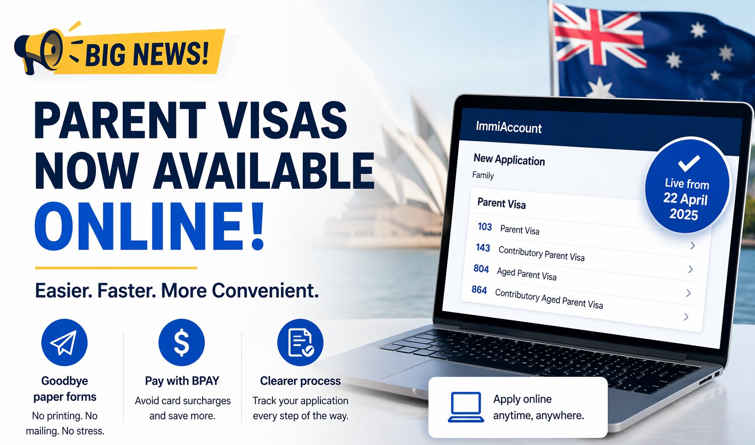 Big update for Parent visa applicants❗
Australia’s Parent visa online lodgement is now officially live from 22 April through ImmiAccount🎉🎉
Available subclasses currently include 103, 143, 804 and 864.
Key benefits:
• no more paper lodgement
• BPAY payment available
• simpler and more convenient application process
Please note that sponsor Form 40 still needs to be completed manually and uploaded, and the system may take a little time to stabilise.
If you are preparing a Parent visa application, now is a great time to get started.
Contact us today for professional guidance and support with your application.👀
#ParentVisa #parentvisa #parentvisaaustralia #parentvisaAustralia #AustraliaMigration #australiamigration #australiaimmigration #australiaimmigrationnews