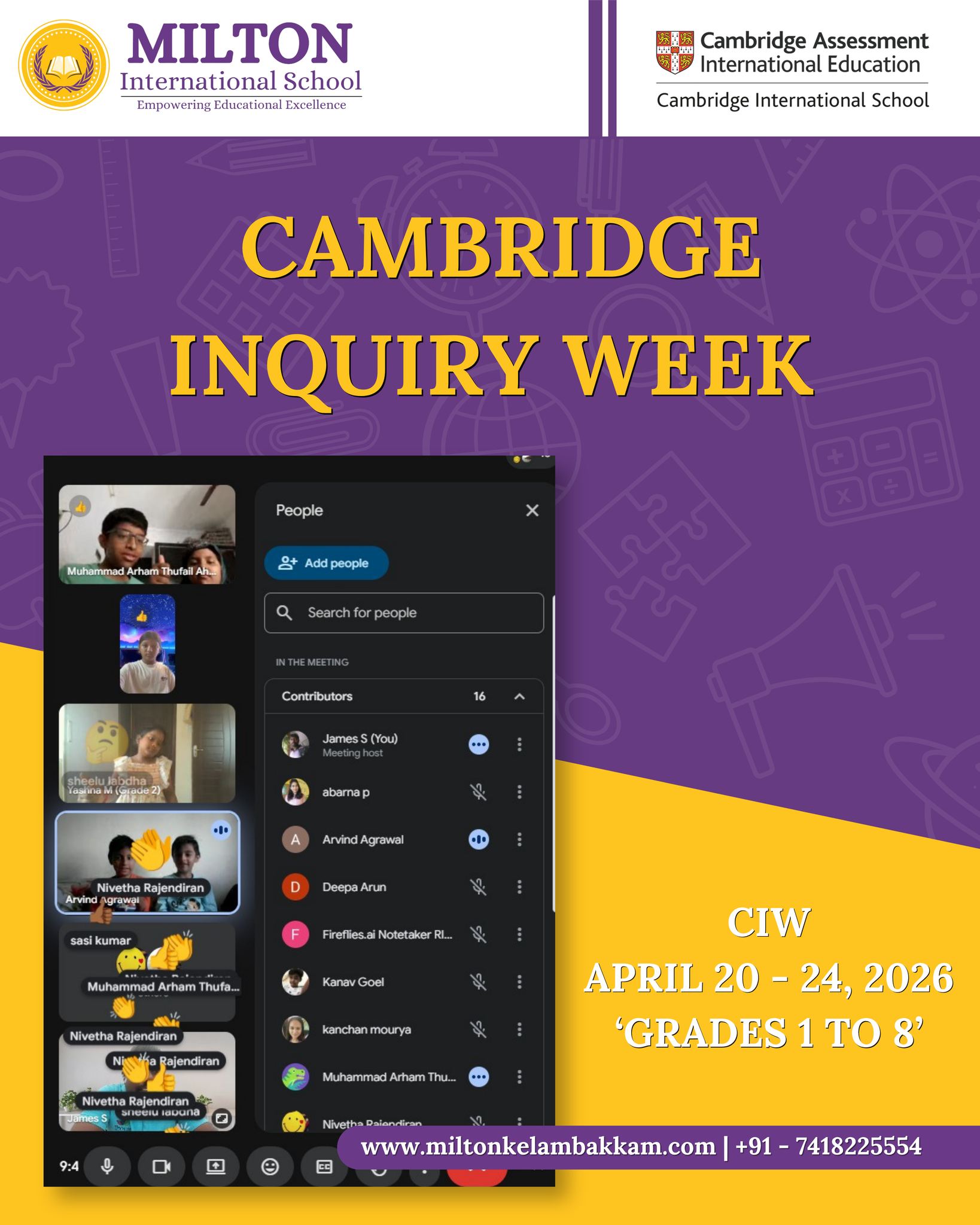 𝗖𝗮𝗺𝗯𝗿𝗶𝗱𝗴𝗲 𝗜𝗻𝗾𝘂𝗶𝗿𝘆 𝗪𝗲𝗲𝗸 - 𝗖𝗜𝗪 | 𝗠𝗶𝗹𝘁𝗼𝗻 𝗜𝗻𝘁𝗲𝗿𝗻𝗮𝘁𝗶𝗼𝗻𝗮𝗹 𝗦𝗰𝗵𝗼𝗼𝗹
Our Cambridge Inquiry Week session on Physical Discovery and Sports Science for Grades 1 to 8 showed students learning beyond textbooks — exploring movement, health, and real-world application. This is why choosing a school that prioritizes holistic development matters. We strive to nurture well-rounded, future-ready individuals, not just exam-takers.
Over the course of this week, our students explored meaningful themes through engaging online sessions via Google Meet:
✅ Fitness
✅ Strength & Posture
✅ Nutrition
✅ First Aid
"Milton International School — because your child deserves nothing but the best."
#CambridgeInquiryWeek #MiltonInternationalSchool #CIW2026 #CambridgeEducation #OnlineLearning #Kelambakkam