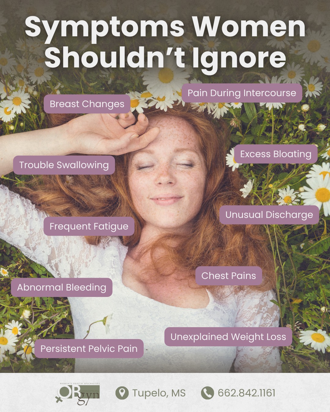 Your body often gives signals when something isn’t right—don’t ignore them. 💕
If something feels off, we’re here to help. Give us a call to set up an appointment today!
📞 662.842.1161
📍 1793 Cliff Gookin Blvd, Tupelo, MS 38801
-
#OBGYNAssociates #TupeloOBGYN #TupeloMS #OBGYN #WomensHealth #WomensHealthAwareness #KnowTheSigns #PreventiveCare #YourHealthMatters #ListenToYourBody