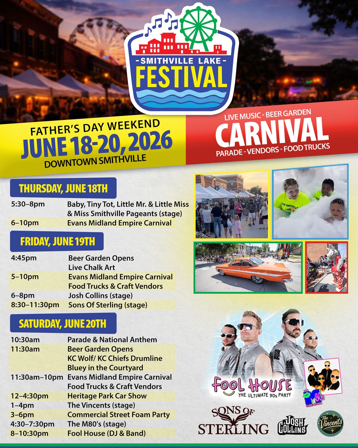 CARNIVAL. MUSIC. FOAM PARTY.
The 2026 @smithvillelakefest is almost here (June 18–20)! We love seeing our Chamber members bring this much excitement to Downtown Smithville.
The Festival Committee wants YOU to join the fun behind the scenes! If you’d like to:
🔹 Sponsor the festivities
🔹 Walk in the Parade
🔹 Compete in a Pageant
🔹 Join the Volunteer team
Visit their website at smithvillelakefestival.com for all the registration forms and details. Let’s make 2026 the best year yet! 🗓️
#SmithvilleLakeFestival #SmithvilleMO #DowntownSmithville #SummerFestival #SmithvilleMoChamber