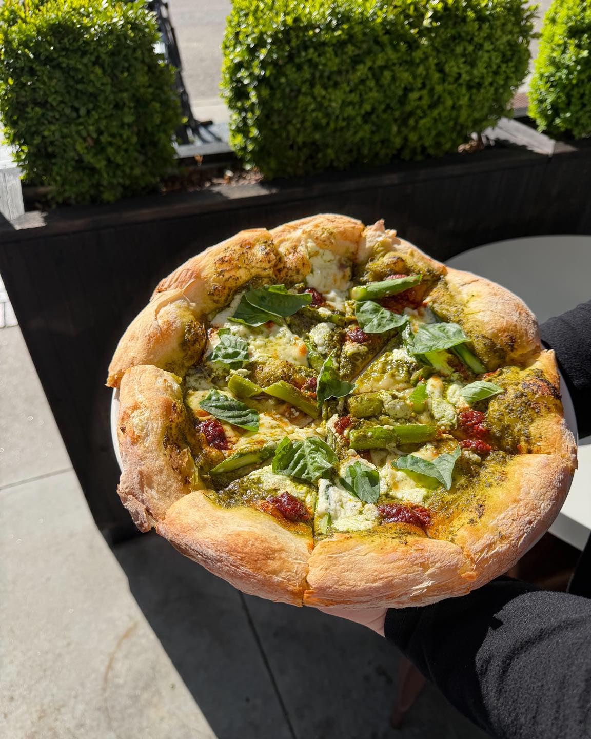 The Garden City is back! With basil pesto base, tomato ‘nduja, asparagus & ricotta.