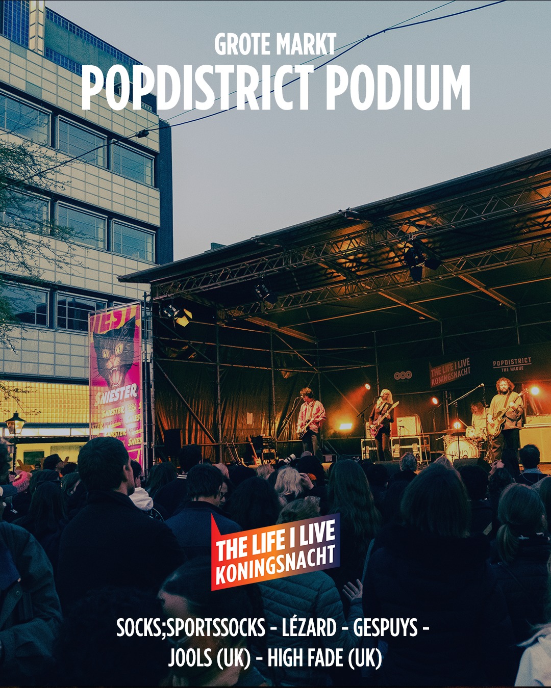 Op de Grote Markt krijg je zondag alvast een voorproefje voor @sniester . Op het Popdistrict Podium zie je dit jaar @sockssportssocks, @lezardmusic, @joolsbandjools, @gespuys_ & @highfademusic.
Hard, alternatief en rauw. Zondag 26 april THE LIFE I LIVE Koningsnacht!
#koningsnacht2026 #TLIL #Denhaag #TLIL26 #popstaddenhaag