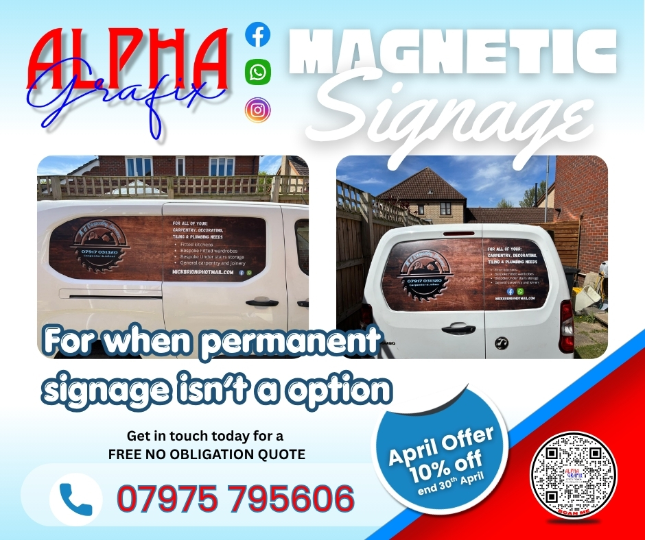 Are you looking to get your vehicle sign written but don't want or can't have permanent signage, why not get in touch to discuss magnetic signage.
Order now to make use of the April offer.
📍Alpha Grafix
#alphagrafix #brandpromotion #customprinting #norwich #magnet #magnetic #magneticsignage