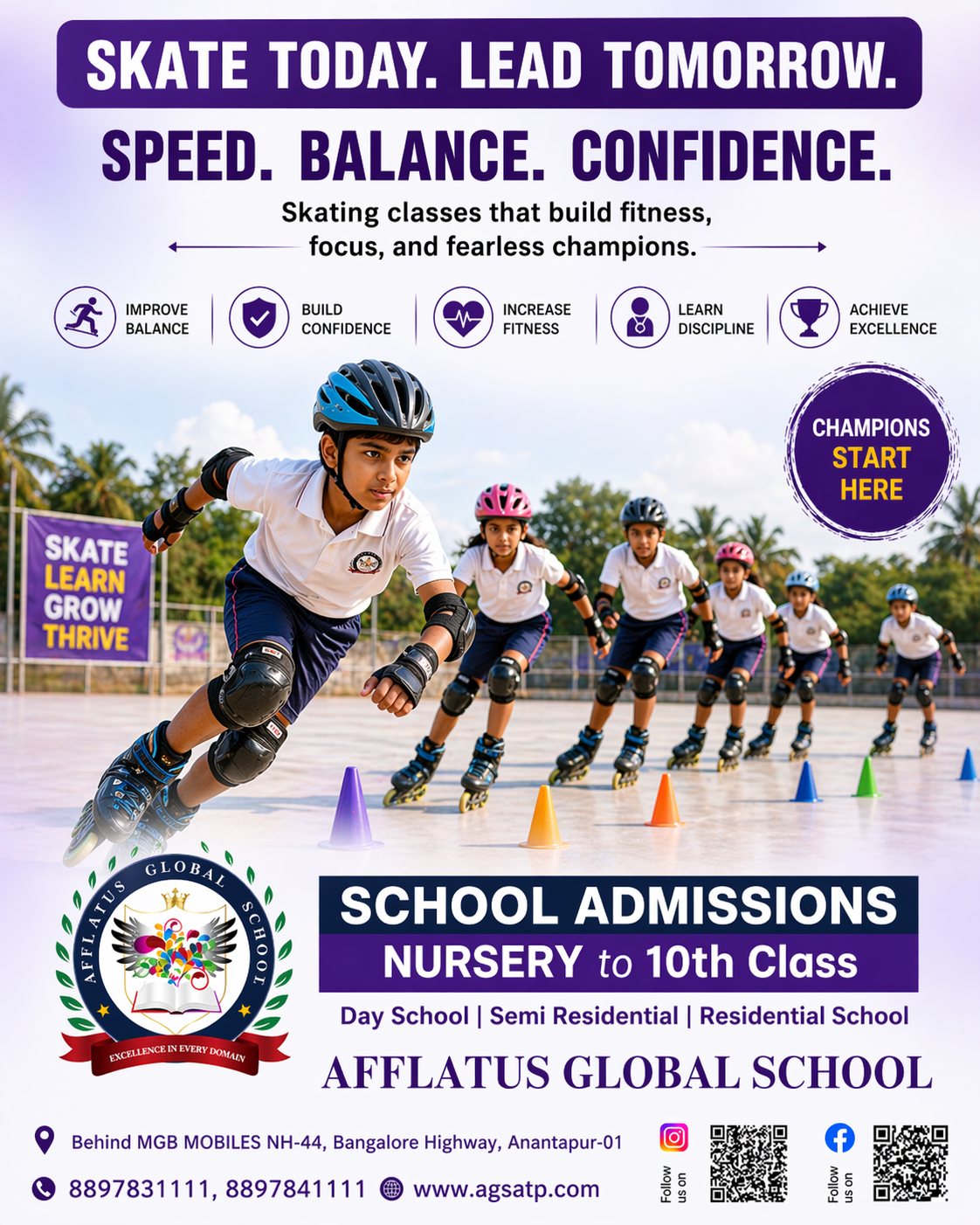 Skate with speed. Grow with balance. Shine with confidence. Build champions on wheels with Skating classes at Afflatus Global School. Admissions open now.
