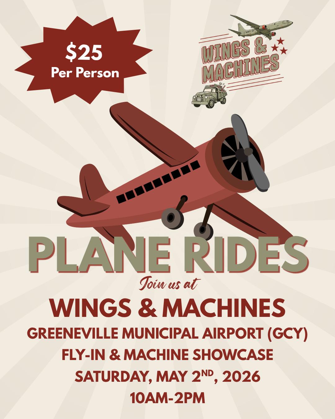 Ever wanted to see Greeneville from the sky? ✈️
At Wings & Machines this Saturday, May 2, you’ll have the chance to take an airplane ride from the Greeneville Municipal Airport for just $25 per person!
Come out from 10 AM–2 PM and enjoy a fun day filled with airplanes, heavy equipment, specialty vehicles, hands-on displays, food vendors, and more.
Whether you love aviation or just want something fun and different to do this weekend, Wings & Machines is a great way to spend your Saturday at the Greeneville Municipal Airport.
We hope to see you there!