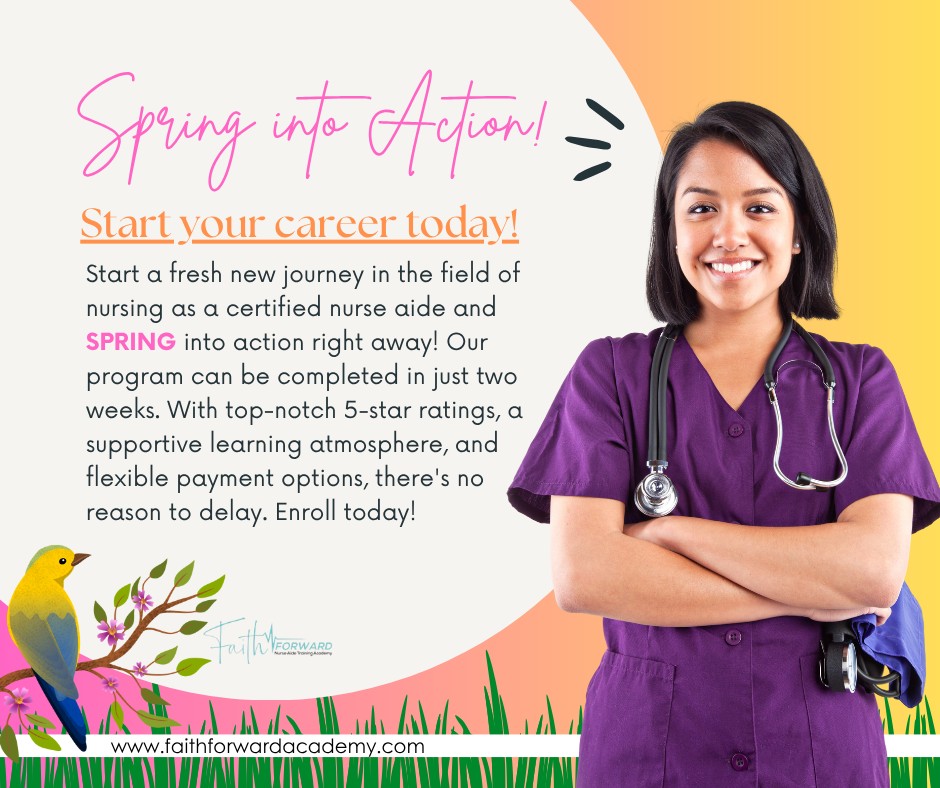 🌸🩺 SPRING INTO YOUR NEW CAREER! 🩺🌸
Ready for a fresh start? Begin your journey in nursing as a Certified Nurse Aide (CNA) and take action NOW 💙
✨ Complete the program in as little as 2 weeks
⭐ 5-star rated training
🤝 Supportive, hands-on learning environment
💳 Flexible payment options available
There’s no better time to invest in yourself and step into a career that truly makes a difference 🌟
📲 Enroll today and start building your future in healthcare!
#SpringIntoAction #CNAProgram #StartYourCareer #HealthcareCareer #FutureCNA #ScrubsSeason #HealthcareTraining #CareerGoals #AlliedHealth #JobReady #DFWHealthcare #TexasHealthcare #EnrollNow #FaithForwardAcademy