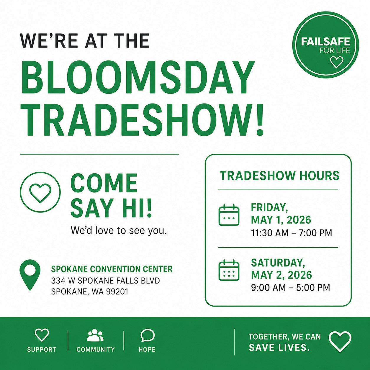 Spokane, we’re at the @bloomsdayrun Trade Show excited to cheer on all the Bloomies this weekend! 🏃♀️💚
Stop by, say hi, and learn how we’re working to make a difference in our community.
Wanna join us at this weekend? We’d love to have you volunteer with us. Reach out at info@failsafeforlife.org
💚
#Bloomsday #runspokane #SpokaneEvents #bloomsdayrun