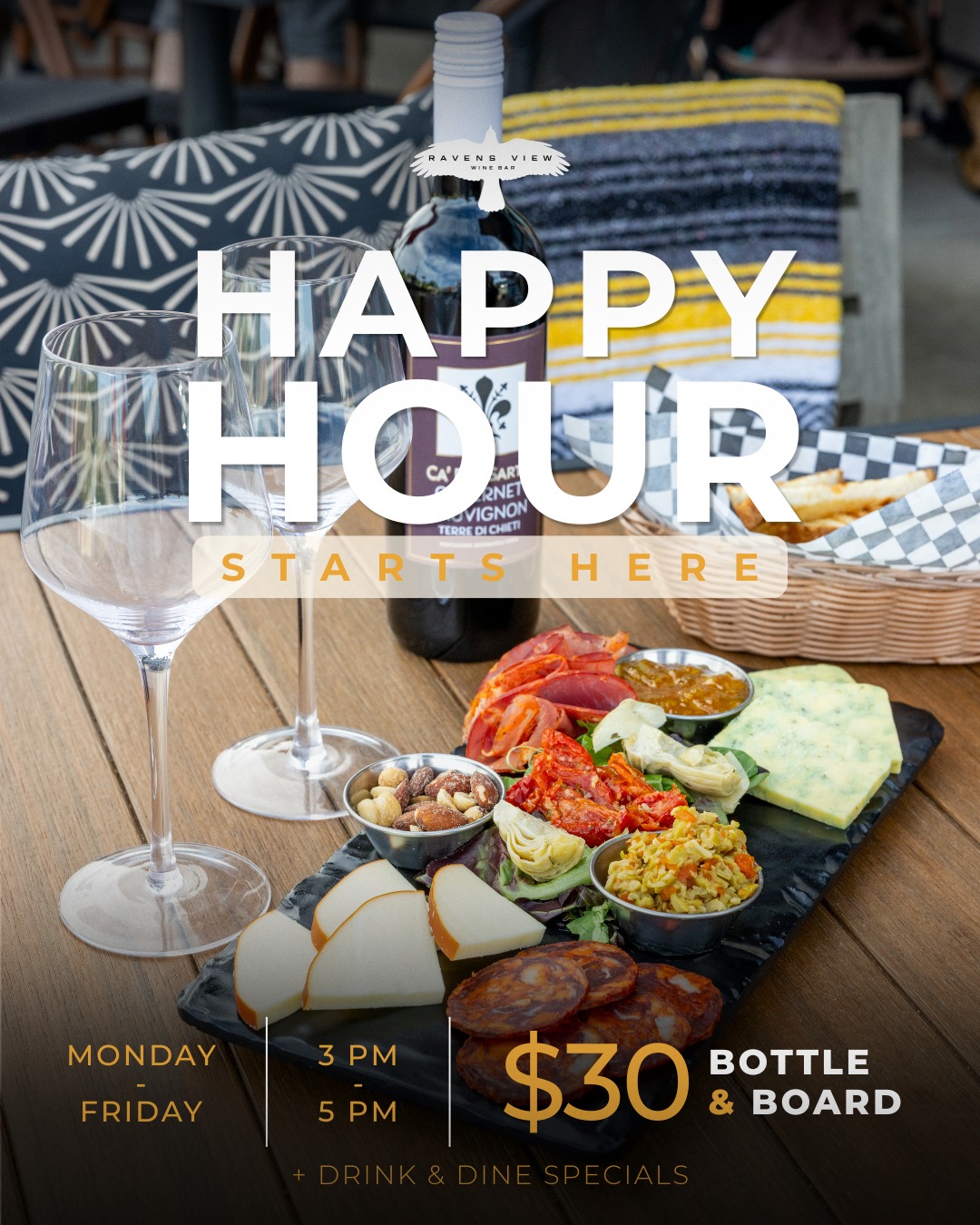 Bring a date, bring a friend, bring whoever owes you a drink. 😉 Happy Hour Bottle & Board for $30, Monday–Friday 3–5pm at Happy Hour. 🍷
#RavensView #CaveCreekHappyHour #HappyHourCaveCreek #CaveCreek #CaveCreekWineBar