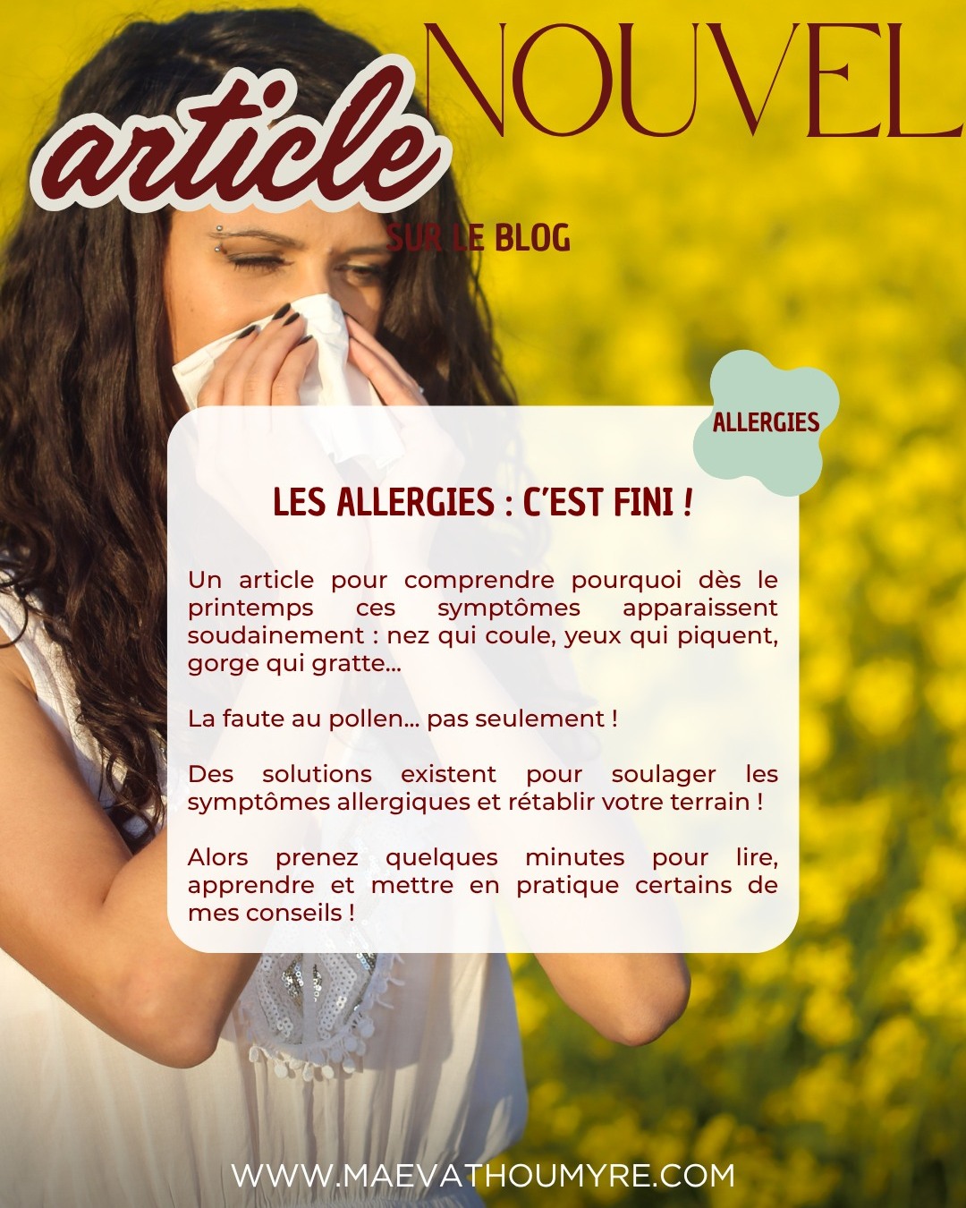 Et si vous compreniez enfin pourquoi vos allergies 🤧reviennent en même temps que le printemps 🌾!
Les allergies saisonnières ne sont pas dues au hasards, et plusieurs causes en sont à l'origine.
➡Mais détrompez vous, le pollen, les fleurs et autres substances extérieures ne sont que des déclencheurs, . Ils ne sont pas la cause réelle et profonde de vos allergies.
Je vous explique tout dans ce post très complet (4 min de lecture) qui je l'espère vous donnera toutes les clés pour mieux comprendre le mécanisme de votre corps et aussi vous donner des solutions naturelles pour atténuer vos symptômes.
Les allergies se traitent avant tout en nettoyant vos humeurs. C'est à dire en nettoyant votre sang, votre lymphe et vos liquides cellulaires. Ainsi, fini les allergies et les symptômes à chaque saisons. Traiter la problématique à la base, et revenir à la cause profonde pour éviter que les symptômes ne réaparaissent tous les ans.
✨ Je suis Maëva, Naturopathe et spécialisée dans les troubles digestifs et hormonaux et je vous aide à devenir acteur/actrice de votre santé ✨
#intolérancehistamine #allergiessaisonnières #naturopathiefonctionnelle