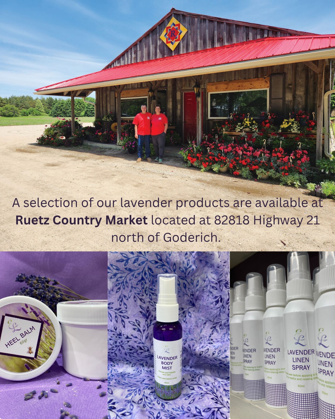 The Ruetz Country Market opens for the season today and a selection of our Essentially Lavender small batch, natural home and body care products will be available throughout the season. The market is located at 82818 Highway 21 north of Goderich. Shop local and support small business.
#ruetzcountrymarket #essentially_lavender #huroncounty #brucecounty #southbrucecommunitybusinessassociation #teeswater #goderich #kincardine #lavenderproducts