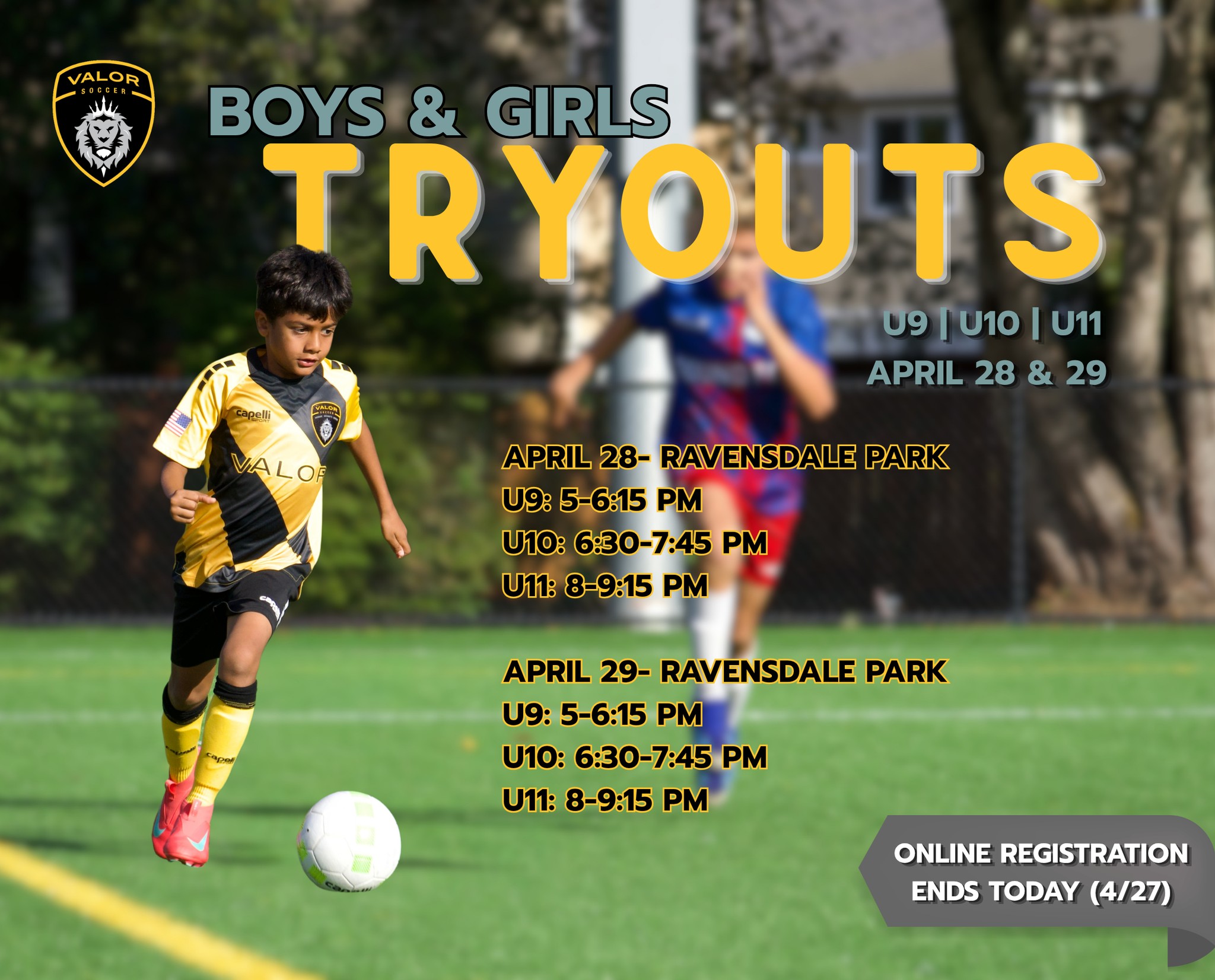 U9-U11 Tryouts begin TOMORROW!
Online registration closes tonight (4/27) at 11:59pm. Walk-up registration will be accepted at tryouts for an additional fee. We look forward to seeing your player on the field! #SpringTryouts #WeAreValor #ValorPride
To register, click the link in our bio.