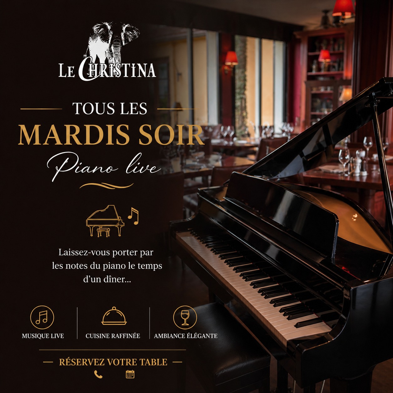 🎹 Mardi soir = piano live
Dîner + musique + ambiance ✨
Réservez votre table 📞 04-50-38-69-45
📍 Restaurant Le Christina