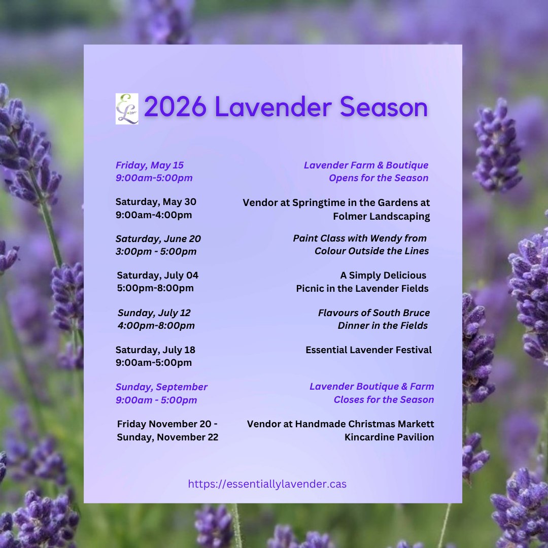 Why not treat your mom to an event at Essentially Lavender for Mother's Day? We have a variety of lavender themed events to suit all tastes. Tickets are now available online at www.essentiallylavender.ca.
#mothersday #eventsformom #lavenderevents #explorethebruce #ruralgardensofgreyandbrucecounties #lavenderfarm #teeswater #kincardine #walkerton #mildmay #formosa #wingham #ripley #lucknow #paisley #gbbuzz
