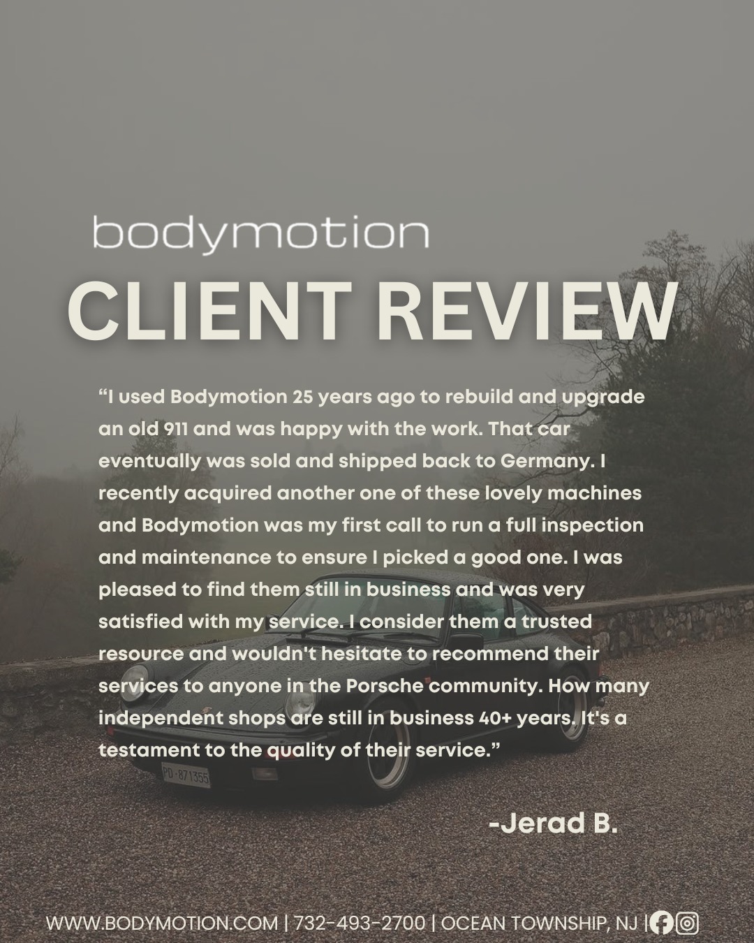 Thank you Jerad for your kind words! 🤝
We are always happy to the go-to for those in the Porsche community 🏎️💨
⭐️40+ years of experience & excellence ⭐️
📍 Ocean Township, NJ
🔧 www.bodymotion.com
📱 732-493-2700
#Bodymotion #BodymotionNJ #PorscheService #CarCare #PerformanceCars #AutoRepair #CollisionRepair #MonmouthCounty #AutoDetailing
