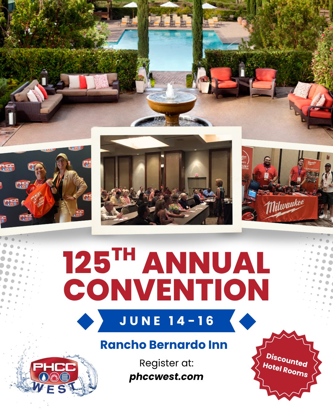 Big news for San Diego PHCC members — PHCC WEST 2026 is coming to us.
The 125th Annual Convention of PHCC of California is happening June 14–16 at the Rancho Bernardo Inn in San Diego's North County.
Three days of education, networking, and events — sessions cover AI & search, IAPMO code updates, electrification and HPWH, cyber risk, legislative updates, and a contractor roundtable.
PHCC member registration: $599
This is a rare opportunity to attend the biggest annual gathering in the Western states without leaving home.
Learn more and register → phccwest.com