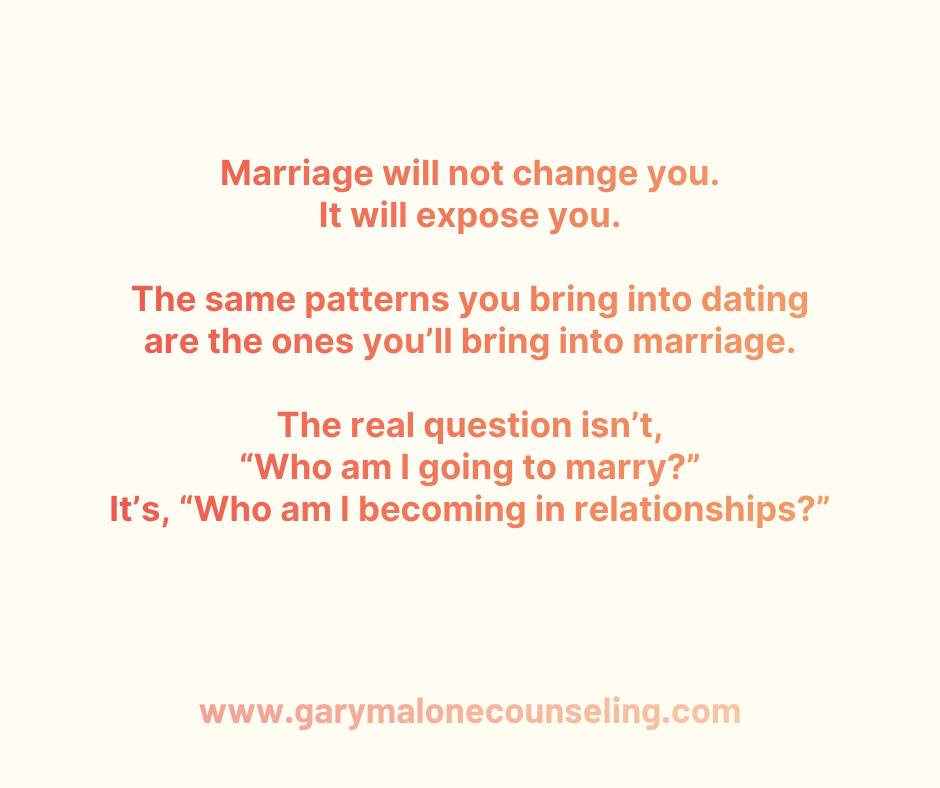 Most people think “I do” starts on their wedding day.
It doesn’t.
You’ve been practicing it in every relationship you’ve ever had.
In the way you avoid hard conversations.
In the way you over give just to feel chosen.
In the way you lose your voice to keep the peace.
In the way you shape shift into who you think they want.
That’s your rehearsal.
Because “I do” isn’t just choosing a person.
It’s choosing how you’re going to show up when it’s hard.
Marriage will not change you. It will expose you.
The same patterns you bring into dating
are the ones you’ll bring into marriage.
Just more consistently.
With more at stake.
So if you can’t be honest now…
you won’t suddenly become honest later.
If you abandon yourself to keep someone…
you’ll keep doing it once you have them.
If you need constant reassurance to feel secure…
marriage won’t fix that. It’ll amplify it.
“I do” is a promise you make on your best day
about how you’ll show up on your worst ones.
The real question isn’t, “Who am I going to marry?”
It’s, “Who am I becoming in relationships?”
Because the goal isn’t just finding someone to say “I do” to.
It’s becoming someone who can say it
and still remain grounded, honest, and fully themselves.
And that’s what actually makes marriage work.