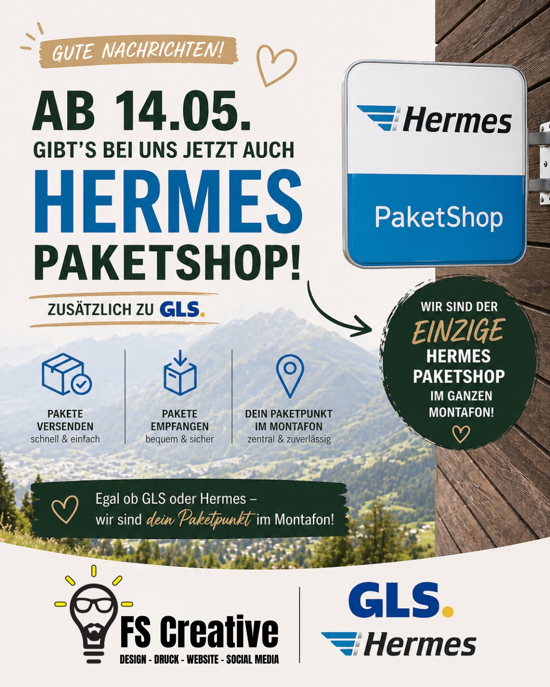 📦 Jetzt wird’s richtig praktisch im Montafon!
Ätz möndr nömma of Blodaz - konn ids Gaschorra 👍
Ab 14.05. gibt’s bei uns neben GLS auch Hermes 💥
👉 Und jetzt kommt’s:
Wir sind der EINZIGE Hermes PaketShop im ganzen Montafon! 😎
Darf gerne auch geteilt werden 😉
Also egal ob du was verschickst, abholst oder einfach bequem online bestellst –
bei uns bist du richtig!
✔️ Versenden
✔️ Empfangen
✔️ Direkt zum Shop bestellen
👉 Dein Paketpunkt im Montafon – jetzt mit GLS & Hermes!
#paketshop #montafon #hermes #gls #gaschurn
@gemeinde.gaschurn @gemeinde_st.gallenkirch @marktgemeinde.schruns